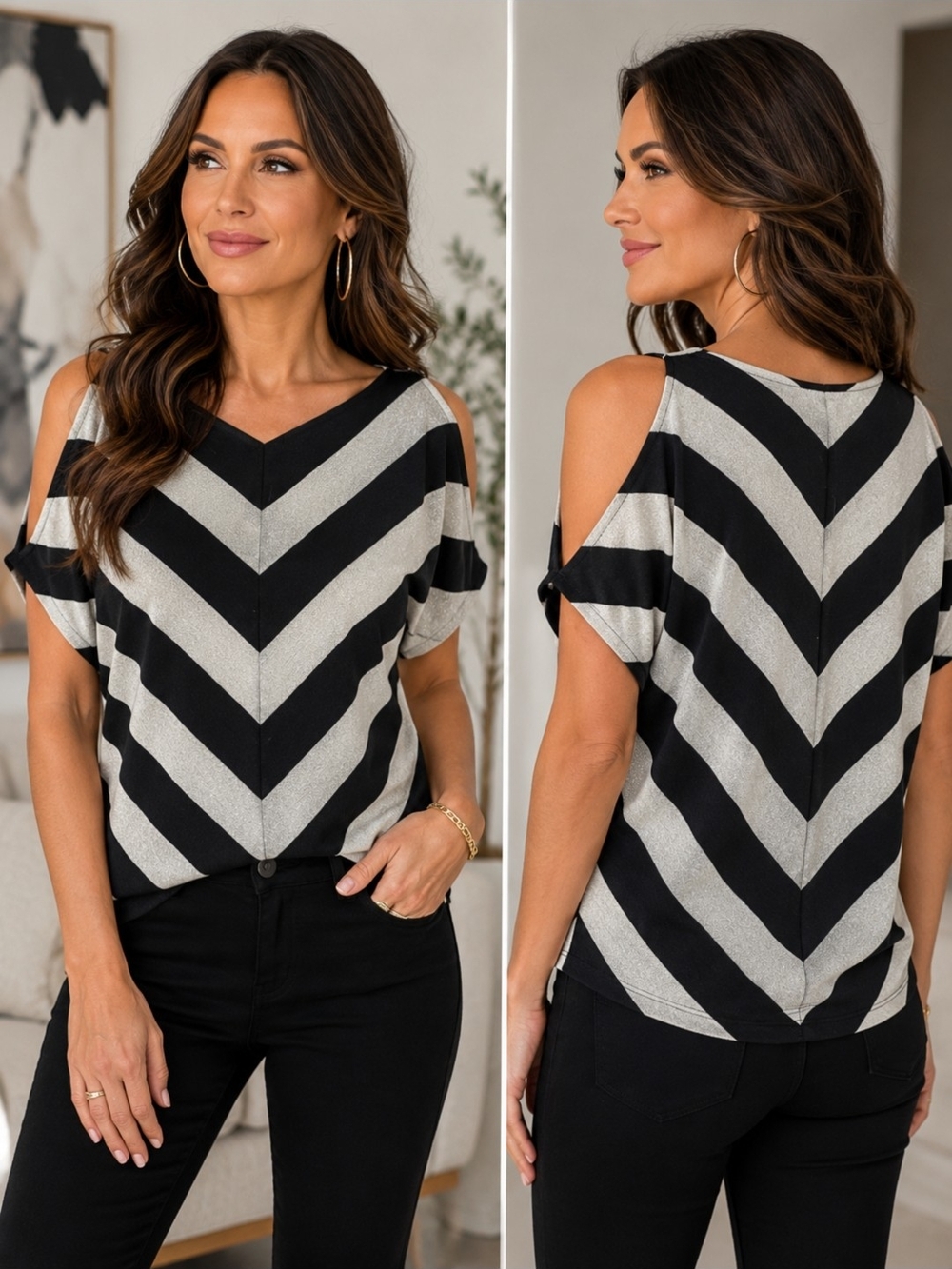 INC International Concepts Black & Silver Chevron Cold-Shoulder Top.  Classy
